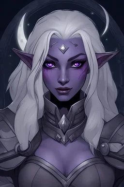 Dungeons and Dragons portrait of the face of a young adult drow rogue blessed by Eilistraee. She has purple eyes, pale armor, white hair, and is surrounded by moonlight