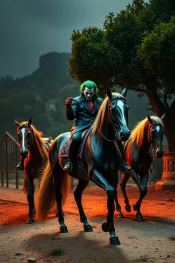 full figure hi tech colombian cyber punk mafia on sicilia with some joker wild horses