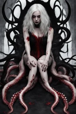 blood, goth woman, leaning pose, full body, squid, octopus creepy, horrifying, sinister, sparks out her mind, 8k, macro photography,