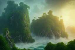 epic matte painting of misty tropical jungle island on stormy ocean, very lush, organic, vines, realistic shaded volumetric lighting, volumetric clouds, ecosystem, ancient, reflective water, intricate, fires, volumetric waves, smoke, randomly placed ground fog, spume, small minutiae, detailed roots, spindrift, tiny features, flowers, ripples, particulars, sharp lines, digital art, 8k, uhd, perspective ground level camera view, ambient occlusion, sunlight caustics, colorful, design by sam curry !