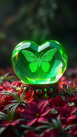 "A hyper-detailed, ultra-realistic depiction of a radiant, heart-shaped magic crystal ball glowing with a vibrant green hue, rendered in stunning 16K HD resolution, resting gently on a bed of vibrant, richly colored hemp leaves and flowers . The crystal ball emits an otherworldly glow, with intricate facets along its edges refracting light into mesmerizing patterns. A faint, mystical mist swirls gently within the ball, and the translucent butterfly
