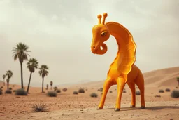 Enhance the surrealism in the scene with the anthropomorphic orange peel rind spiral giraffe-looking creature, emphasizing the spare, peel sculpture with negative space, set in a dramatic, eerie desert with palm trees, to create a more profound and impactful visual.