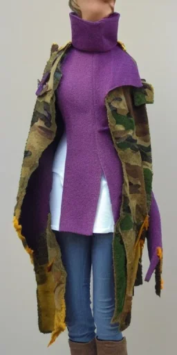 Image shows wholly a young fleshy Brunette woman. average body type. Mantle is sewed of recycled Denim and sewed together of camouflage pieces. Camouflage colors are orange,terracotta, cream and purple. Cream latex gaiter. More yellow(Munsell)!!!Big bright purple/khaki felt tippet and cream or blue or lilac colored-hood. mantle is merged with satchel. . AKG-style headphones (gold rings!) is merged with small felt cap with small visor. Style: Haute Couture in 1936, Paris fashion in 2023.