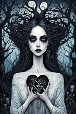 illustration from a surreal ghostly woman with ghostly white skin in Tim Burton style, high details, surrounded by various strange mystic trees. Her eyes are close open, and her is long messy dark hair. she holding a black heart, adding a unique surreal and sinister style to the artwork, etheral, weird plants, otherworldly, dark mood, cinematic