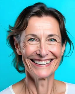 Close up of a 50s middle age woman smiling and wearing a white t-shirt on a turquoise background. Healthy face skin care beauty, skincare cosmetics, dental.