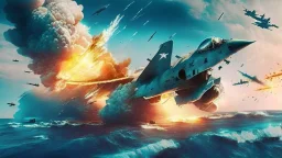 fighter jet shoots at passenger plane and it explodes while flying over the ocean