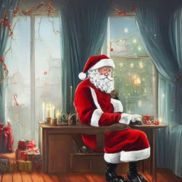 a painting of santa claus sitting next to a window during winter time with a candle lighten up on his desk