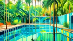 Bright Caribbean swimming pool scene with still water, palm shadows across the surface, simple modernist buildings around the pool, dense tropical vegetation beyond the fence, soft abstraction and luminous colors, serene and contemplative mood, oil on canvas inspired by Hurvin Anderson