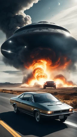 The image shows a photograph with a science fiction theme. Reflected in a side-view mirror, we see a car with passengers, driving on a desolate road. In the background, a large UFO hovers in the sky while multiple explosions erupt in the distance, sending up clouds of smoke and fire. The mirror's border frames this chaotic scene, juxtaposing a calm, seemingly oblivious drive with the dramatic events unfolding behind.