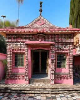 A rosy pink magical voodoo house in a district designed in ancient Greek mosaics