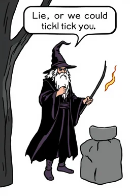 Wizard saying:"Lie, or we could tickle you."