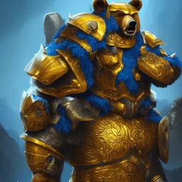 An angry bear warrior in blue and gold armor, background of Inka jungle, high detail, smooth, realistic, digital illustration, Artstation, artgerm,