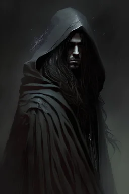 A dark Jedi, handsome,long hair, hooded, dark aura, ominous, tall