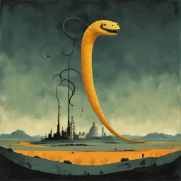 everything has a snake tail!, Surreal style by Alessandro Gottardo and Joan Miro and Zdzislaw Beksinski, world's fair disaster, dark shines a hole in the soul, hot colors and cold hues, eerie, neo-surrealism, creepy, concept art, unbalanced and uncentered