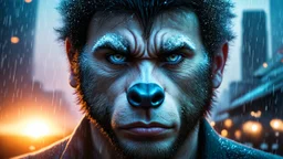 Double exposure, Wolfman, photorealism, man, city, sunset, snow, rain, fantasy, mystical, tattoo, vertical pupils, high detail, high resolution, 8K