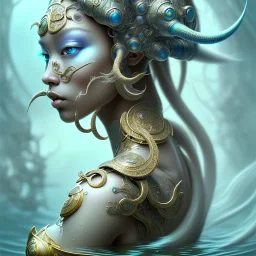 Sango fantasy, fantasy magic, intricate, sharp focus, illustration, highly detailed, digital painting, concept art, matte, art germ and Paul Lewin and Kehinde Wiley, masterpiece Japanese dancer head bronze squid' Asian African girl nice breast Thai hair turquoise silver blue under water