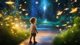 Un beau petit garçon erre dans son monde imaginaire enchanté, Parmi les merveilles, qu'il adore explorer. Nuit enchantée, plantes magiques, fontaines de lumière, lucioles dansantes, fées lumineuses. Ses rêves sont vastes, pleins de beauté, Chaque instant est un nouveau bonheur. Dans son univers, tout est merveilleux, Un monde imaginaire, tendre et lumineux. Bel éclairage, composition attrayante, photoréaliste, extrêmement détaillée, clair-obscur, règle des tiers.