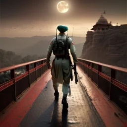 An hindu Soldier walking on the bridge , night , full moon , realistic , high resolution , HD , 1920pX1080p , dark