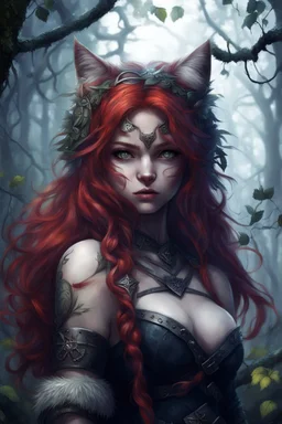 CAT GIRL, FANTASY, FORESTY, VINES, SOULLESS, FLUFFY TAIL, VIKING RED HAIR, METAL