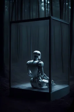 1970s photo 35mm iso 200 scratches and dust chromatic aberration slow shutter speed, a minimalist, monochromatic humanoid robot sitting inside a glass box, in a dark forest at night, looking thoughtful and solemn.