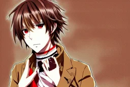 Detailed pretty anime boy, brown hair with blonde strips, keep head in frame, headshot, glaring, brown eyes, covered in bandages, looking serious, illustration, digital painting, only one character, color scheme red, wearing many bandages, Osamu Dazai inspired, anime inspired, manga, dazai, red hair, Chuuya, pretty, scruffy, angry, brooding, manga inspired, small nose, long lower eyelashes, handsome, one character, headshot, glaring, cute, wearing a bandage on neck, small nose, scruffy hair