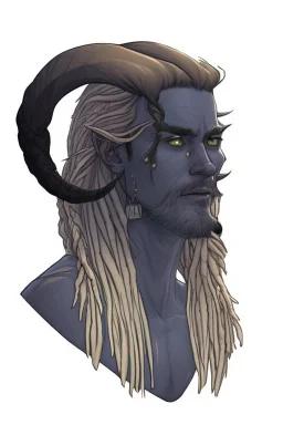 A tieffelin with blue skin and white Dreadlock hair. His pupil-less eyes are green. He wears a small beard.