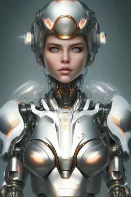 Hannah Hoekstra face, robotic armor, cristal brown eyes, portrait busty and face, light effects, particles, explosion fire,