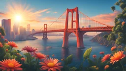 San Francisco Golden Gate Bridge, solar punk futuristic sky scrappers, sunrise from the river, nice blue sky, vibrant, greenery, flowers