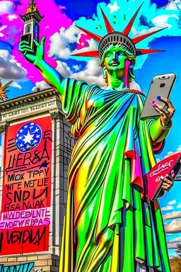 up-close digital image of the statue of liberty, covered in graffiti , holding a cellphone and taking a selfie while smiling,a Louis Vuitton bag over shoulder, standing alone In a deserted desert