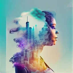 smoke plume, smog, city scape with pollution, woman, double exposure photography, colourful nature, clean sharp focus, on white background, Fractal Geometry buildings, sacred geometry