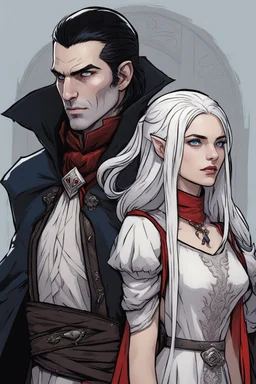 A couple, from the dnd game curse of Strahd. The woman has long white hair and blue eyes, the man has LONG BLACK hair and red eyes, no facial hair. He is standing protectively behind her.