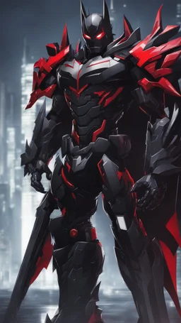 A close picture to Mix between symbiote and machine and batman in transformers cyborg with black metal and red details armor in solo leveling shadow art style with red details detailsis in fantasy world