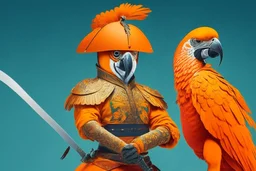 half parrot half human in a orange Dutch uniform with a katana having a sword fight against another person