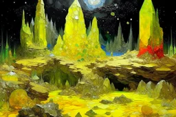 Yellow heavenly ruins filled with crystals painted by Vincent van Gogh