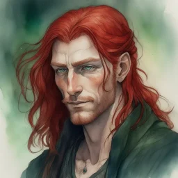 dnd, fantasy, watercolour, large strokes, stylistic, portrait, illustration, dull colours, male, face, narrow long face, weathered face, green eyes, determined, smiling, red hair, very long hair streaming down the shoulders, radiating light, five o'clock shadow