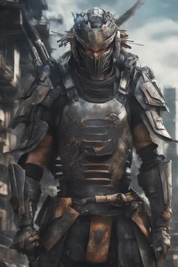 Portrait of Anime depiction of a cybernetic samurai in a post-apocalyptic setting, focusing on the intricacies of the armor and weaponry, 8k realistic