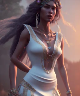 Gipsy, beautiful, curvy body, white fabric dress, beautiful long hair, bandana, long earings, head and shoulders portrait, holding tarot card, 8k resolution concept art portrait by Greg Rutkowski, Unreal Engine 5 volumetric lighting