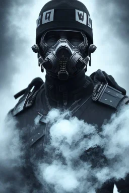 All black German soldier, wearing high tech mask, white smoke, dark, rage, sorrow, high definition, ultra 8 k, volumetric lighting, blue fire, fog