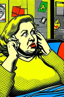 fat woman sitting on sofa listening to radio watching tv news in a room with signs of propaganda in the style of roy lichtenstein