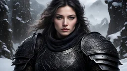 winter, a highly detailed hyper realistic portrait of a (1woman), (warrior), (medium full shot), (sitting:1.1), with a scarred face, in intricate black plate armor, mysterious dark nature background, high resolution, (dungeon) in the background