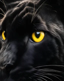 A captivating close-up image of a black panther's eye, glowing bright yellow and filled with intense, wild intensity. The eye is framed by the black fur of the panther, and a sense of wild, untamed nature radiates from it. The overall atmosphere is mysterious and evokes a feeling of wild nature.