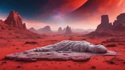 a giant ancient abstract marble statue lies down on the red Mars planet, background ancient ruins, strange psychedelic sky, cold colors, mystic ancient art, very detailed, cinematic, sharp focus, sci-fi style, utopistic ,astral cosmic , masterpiece