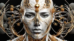 3D rendering of a head of an impressively detailed and complex hyper-realistic "human anatomy": scientific, single object, glossy white, shiny gold, vines, tribalism, black background, shamanism, cosmic fractals, octane rendering, 8k post-processing, detailed metallic bones, dendritic, artstation : Award Winning: Professional Portrait: Atmospheric: Commanding: Fantastic: Clarity: 16k: Ultra Quality: Astounding: Shine: Stunning Colors: Stunning Depth