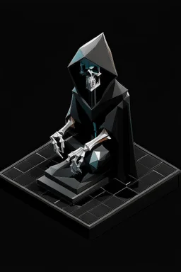 isometric low-poly character of a skeleton in a black hooded cloak,all inside a lighter diamond shape on a black background, monochromatic