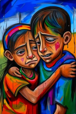 a girl hug her brother and both crying sadly, expressionism, Pixar style, in abstract art Basquiat, Picasso, Miro, Kandinsky, Klee, Birell, Fairey, Ardon, Buffet aand Picasso style, HD --s 750 --v 5.1 --style raw, water color
