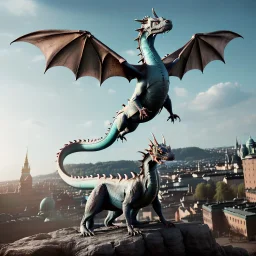 full body photography of hippster, dragon theme art, light happy atmosphere, 8K, close-up face, anatomically perfect face, clouds and sun, ignore NSFW, full body image, Stockholm in the background