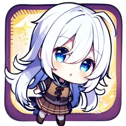 Clear focus, High resolution, long white hair, hair between eyes, straight long locks, sparkling blue eyes, wearing a sailor uniform, wearing a sailor skirt, wearing a brown vest, cute, 1girl, fluffy hair, cute, chibi, cartoon, rough line art, white background