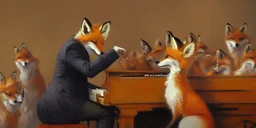 Anthropomorphic female fox-head playing a piano next to a group of foxs, Brent Heighton, Peter Mohrbacher, post-impressionism, highly detailed, high quality