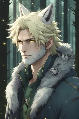 The handsome and perfect yellow-skinned and blonde-hair humanoid with wolf-ears, portrait is on the spruce land, anime, a casual, gray-haired and pale green-eyed male character with wolf ears and a feline tail in the forest, with stars of Pisces, 8K resolution, high quality, ultra graphics, and detailed with lines.