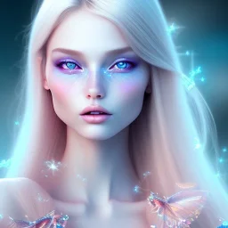  beautiful, soft, whide smile face, long blonde straight hair, blue eyes, fairy wings on the back, transparent crystal blue and pink background, big definition, 8K